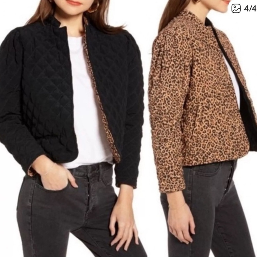 Something Navy Brand reversible quilted Black Leopard Bomber Jacket puff sleeve
